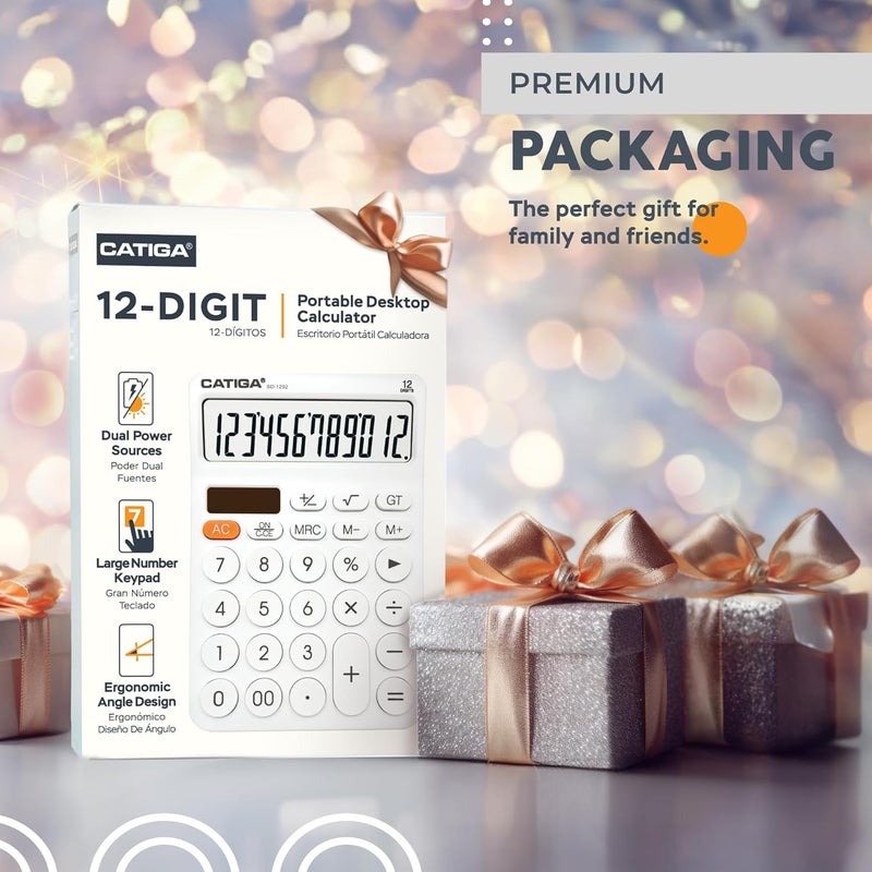 CATIGA 12 Digit Desktop Calculator Basic Desk Calculator with Large LCD Display, Big Buttons, 4 Function, Solar and Battery Dual Power, for Office, School, Home, SD-1292 White - Image 2